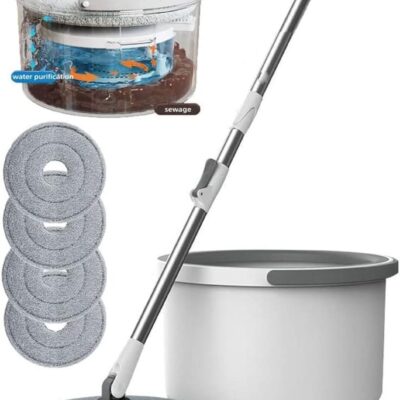Spin Mop with Bucket, 360° Flat Mop with Self-Cleaning Water System & 4 Microfiber Pads, Extendable Handle – White/Grey, 30x30x25 cm